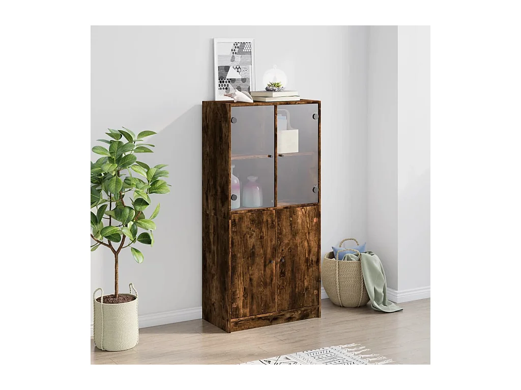 Buffet haut avec portes chêne fumé 68x37x142 cm bois ingénierie