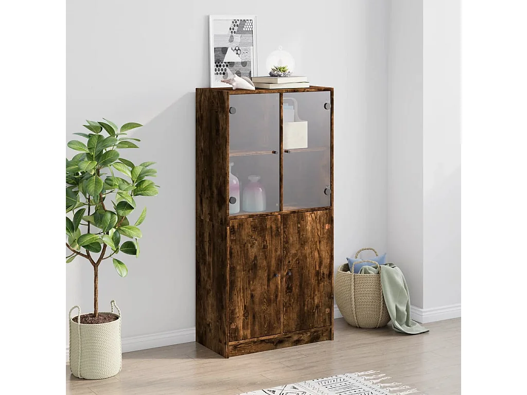 Buffet haut avec portes chêne fumé 68x37x142 cm bois ingénierie