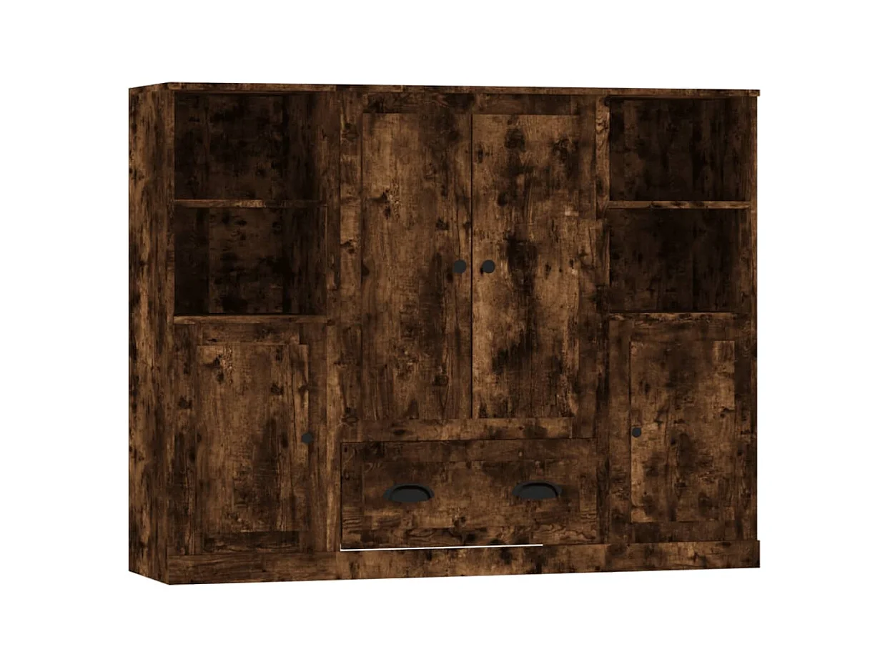 Hoge kasten 3 st bewerkt hout gerookt eikenkleurig