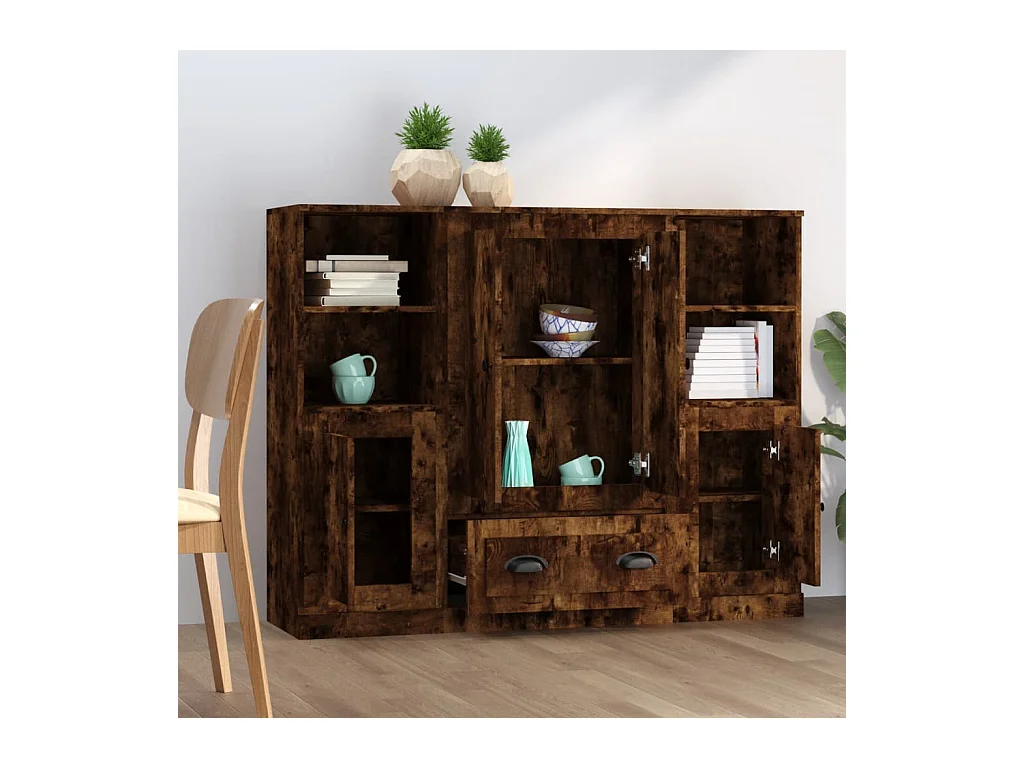 Hoge kasten 3 st bewerkt hout gerookt eikenkleurig