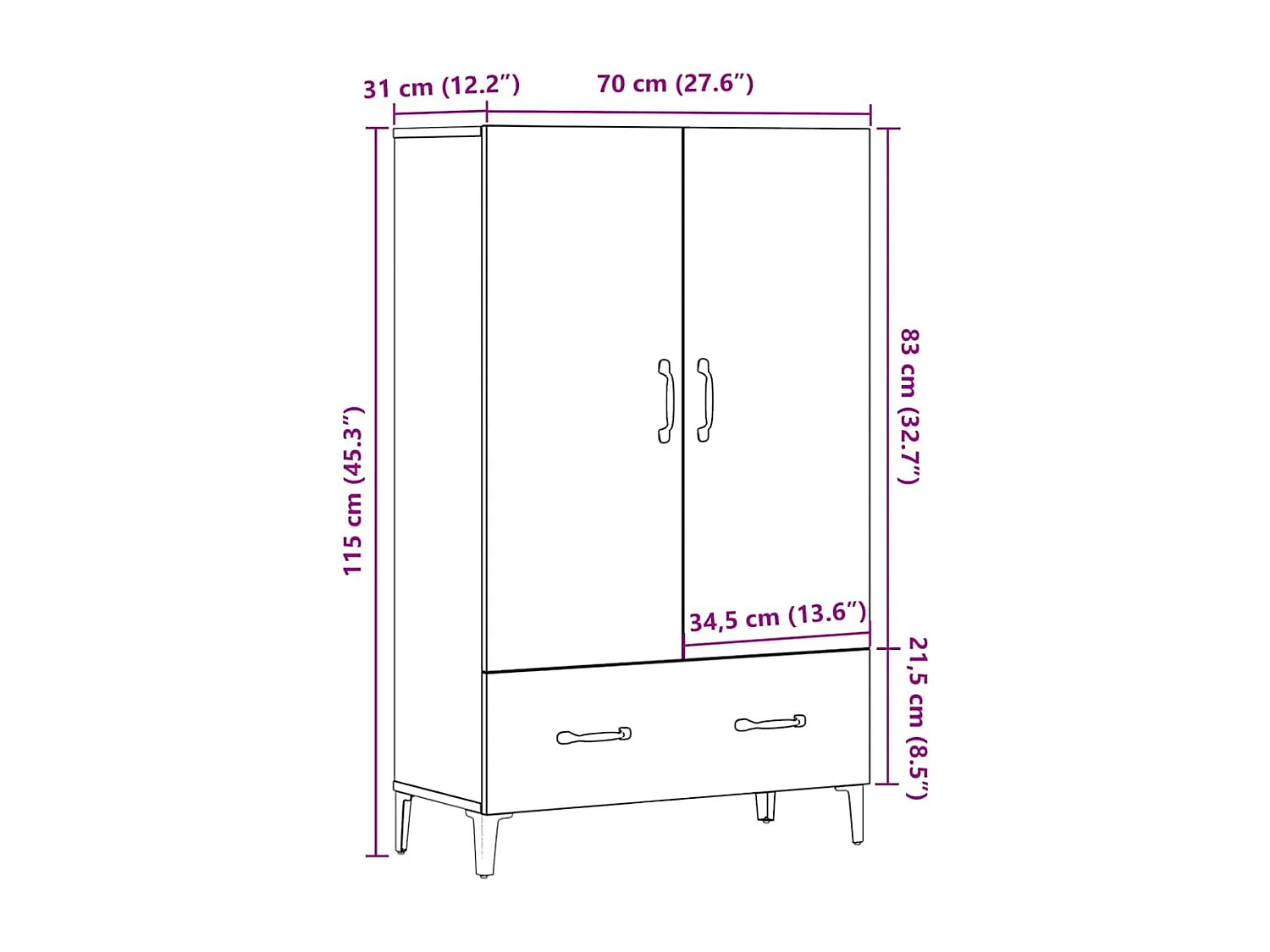 Hoge kast 70x31x115 cm bewerkt hout artisanaal eikenkleur