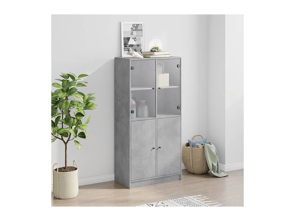 Buffet haut avec portes gris béton 68x37x142 cm bois ingénierie