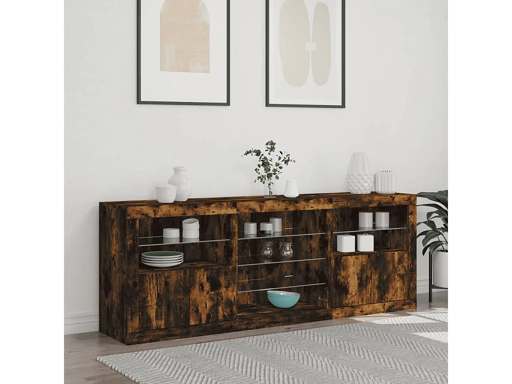 Buffet avec lumières LED chêne fumé 181,5x37x67 cm