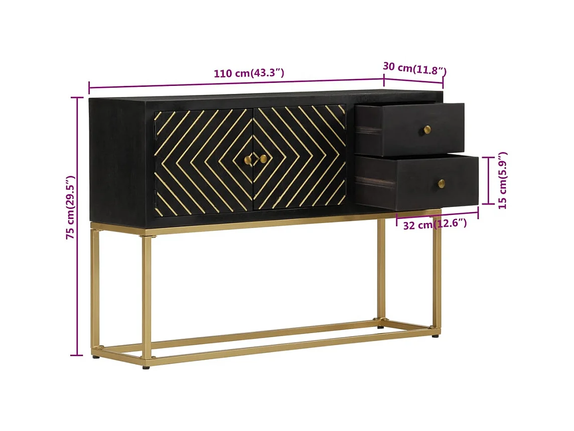 Buffet noir et doré 110x30x75 cm bois massif de manguier