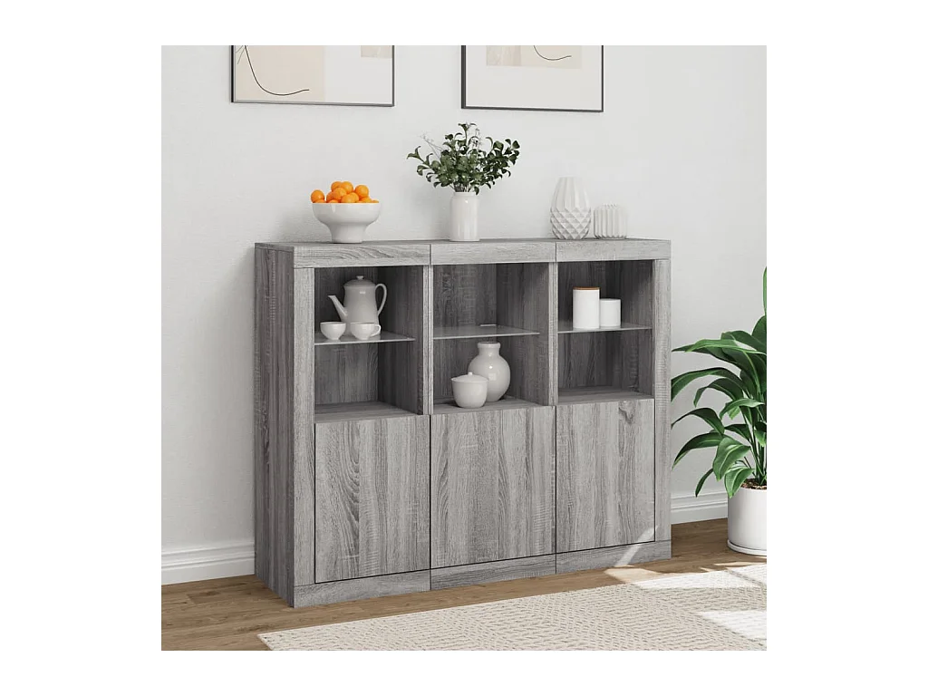 Buffets avec lumières LED 3 pièces sonoma gris bois d'ingénierie