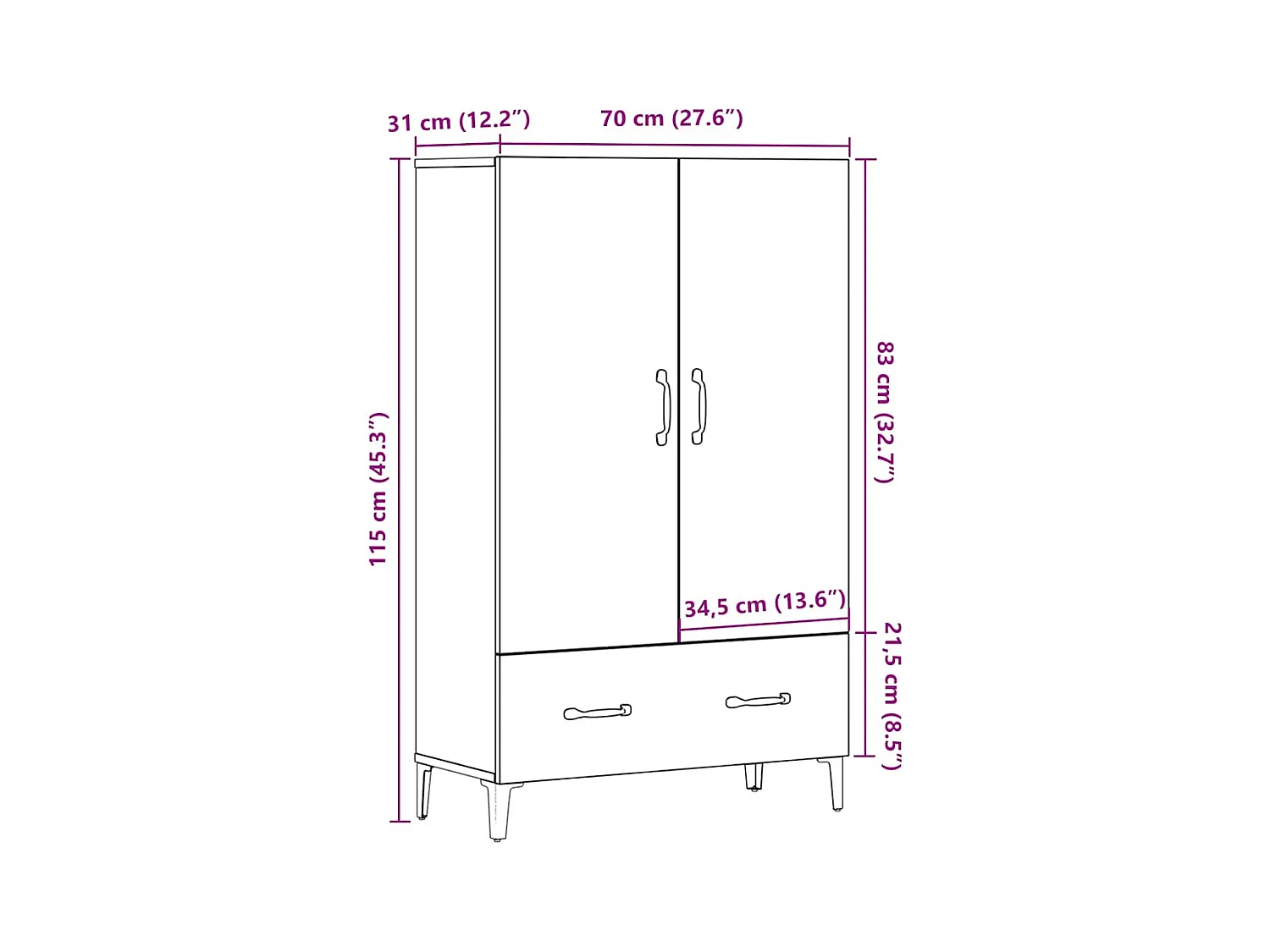 Aparador de madera de ingeniería madera vieja 70x31x115 cm