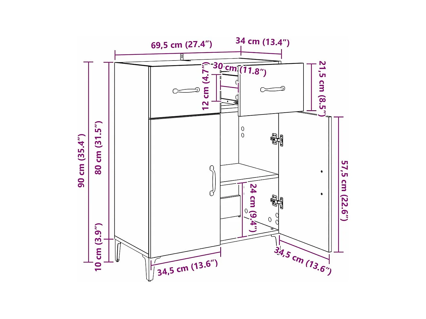 Dressoir met lade Zwart eiken 34 x 69.5 x 90 cm Bewerkt hout