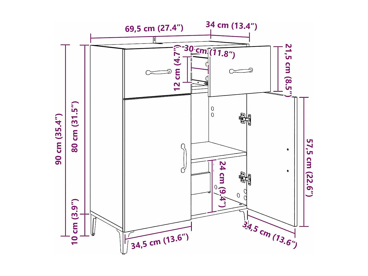 Buffet Chêne noir 34 x 69.5 x 90 cm Bois d'ingénierie