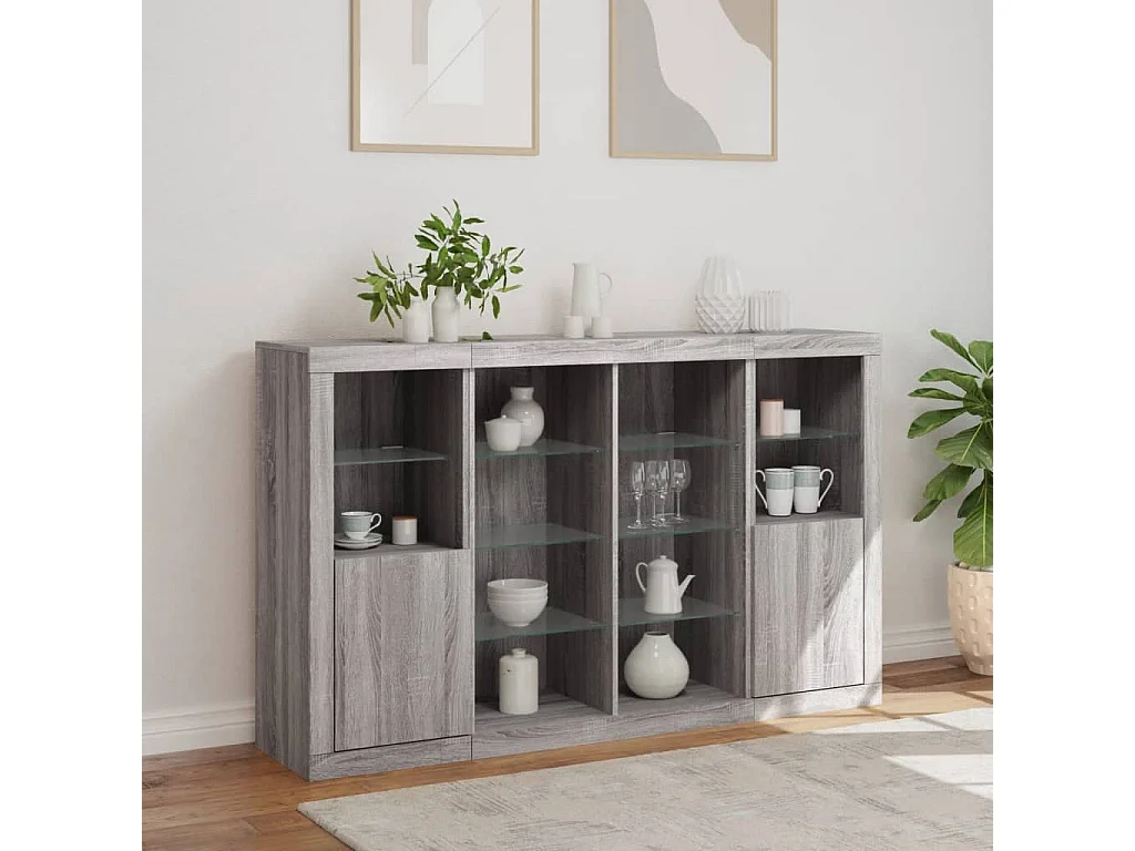 Buffets avec lumières LED 3 pièces sonoma gris bois d'ingénierie
