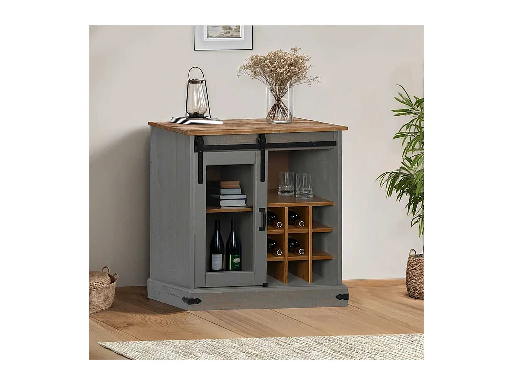Buffet HALDEN porte coulissante gris 80x40x80 cm bois massif