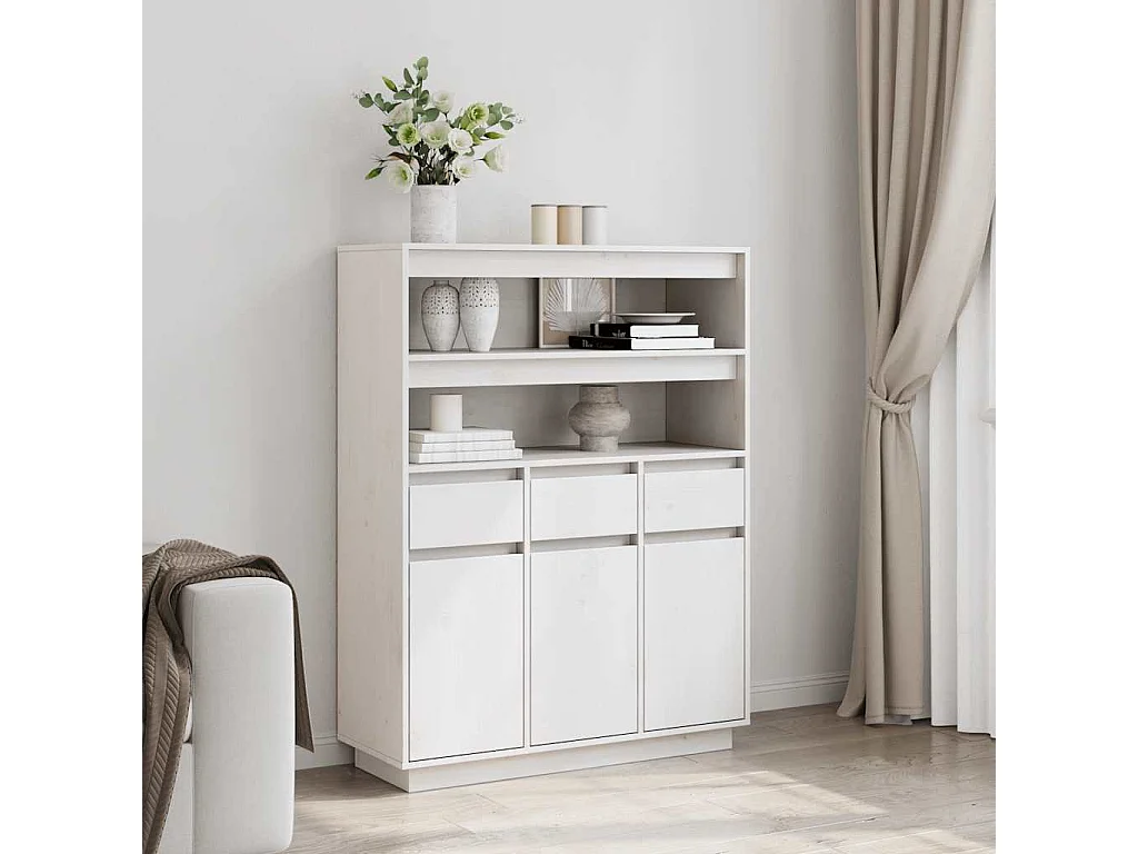 Buffet haut blanc 89x34x116,5 cm bois massif de pin