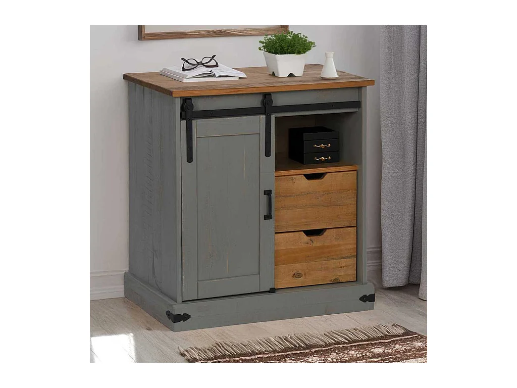 Buffet HALDEN porte coulissante gris 80x40x80 cm bois massif
