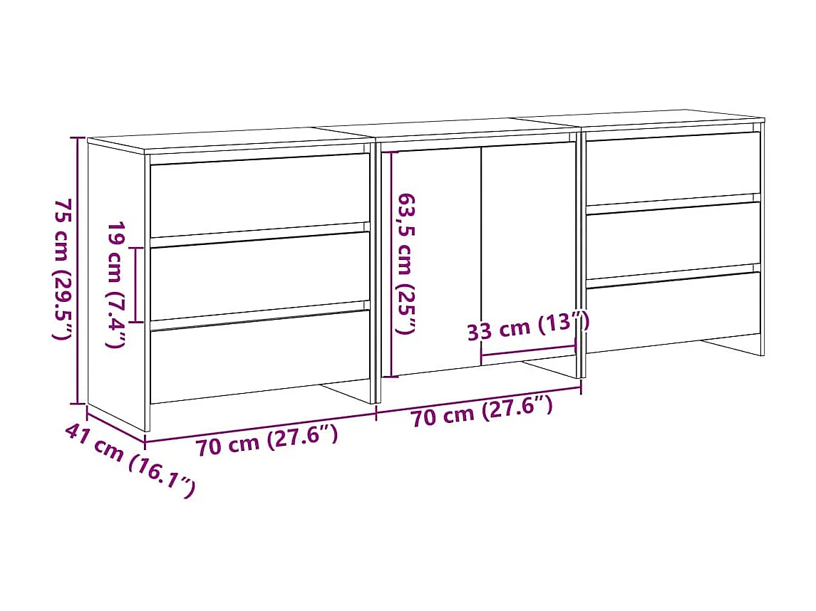 Dressoir met lade 3 pcs Zwart 70 x 41 x 75 cm Bewerkt hout