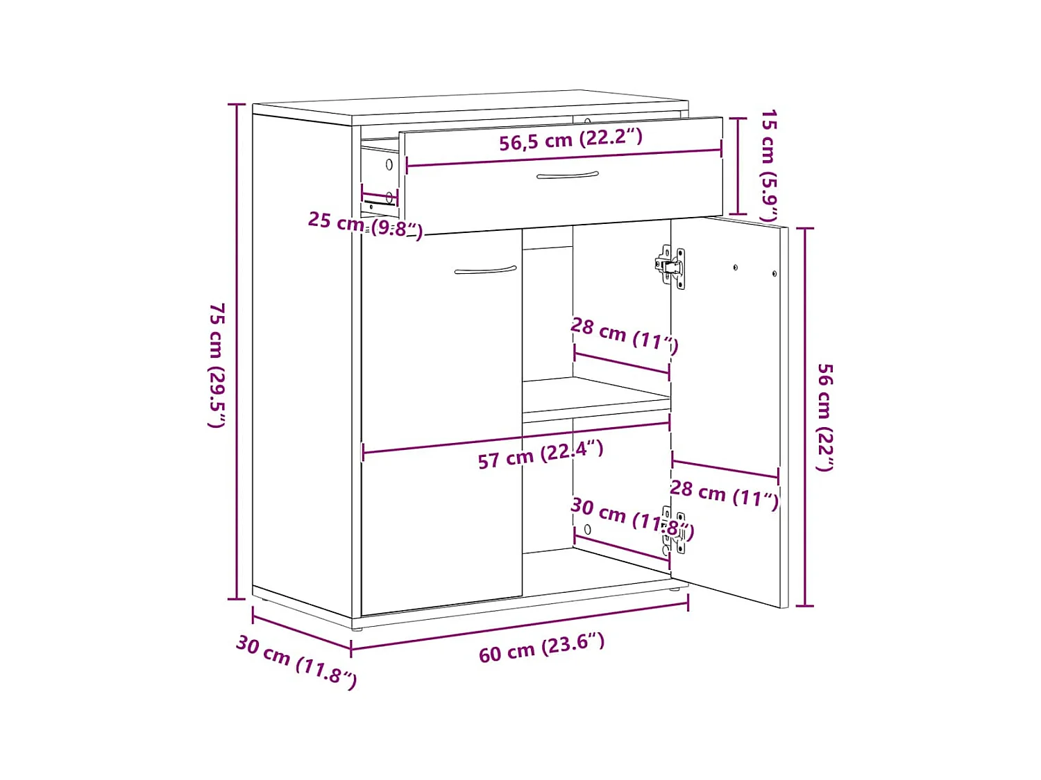 Buffet chêne artisanal 60x30x75 cm bois d'ingénierie