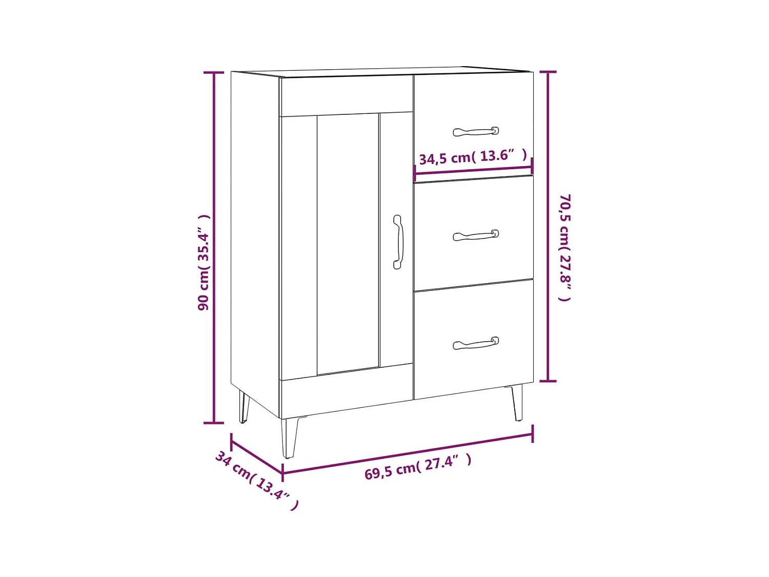 Aparador de madera de ingeniería gris hormigón 69,5x34x90 cm