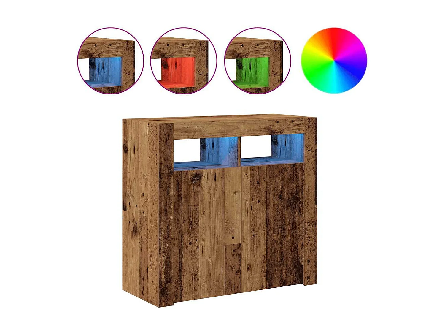 Buffet et lumières LED vieux bois 80x35x75 cm bois d'ingénierie