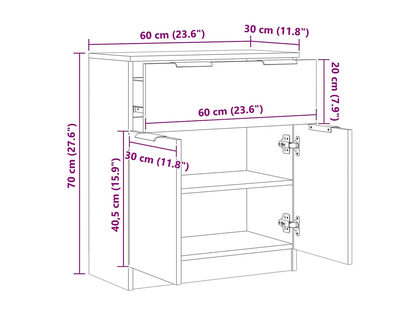 Buffet chêne artisanal 60x30x70 cm bois d'ingénierie