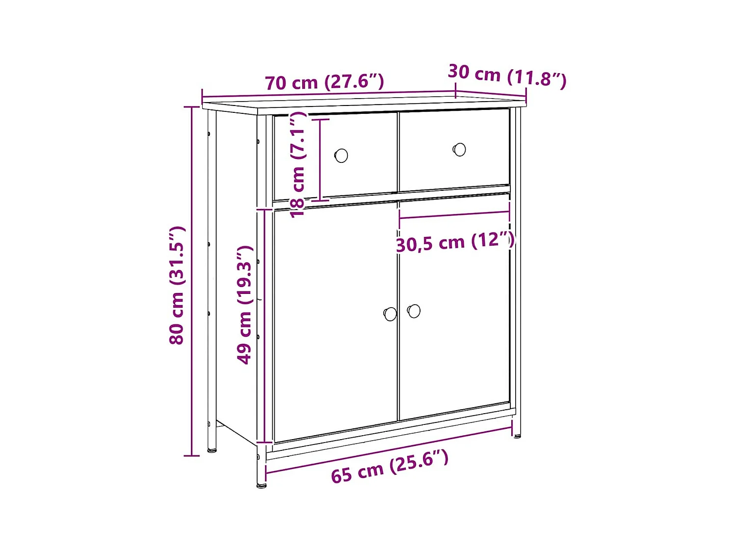 Buffet chêne artisanal 70x30x80 cm bois d'ingénierie
