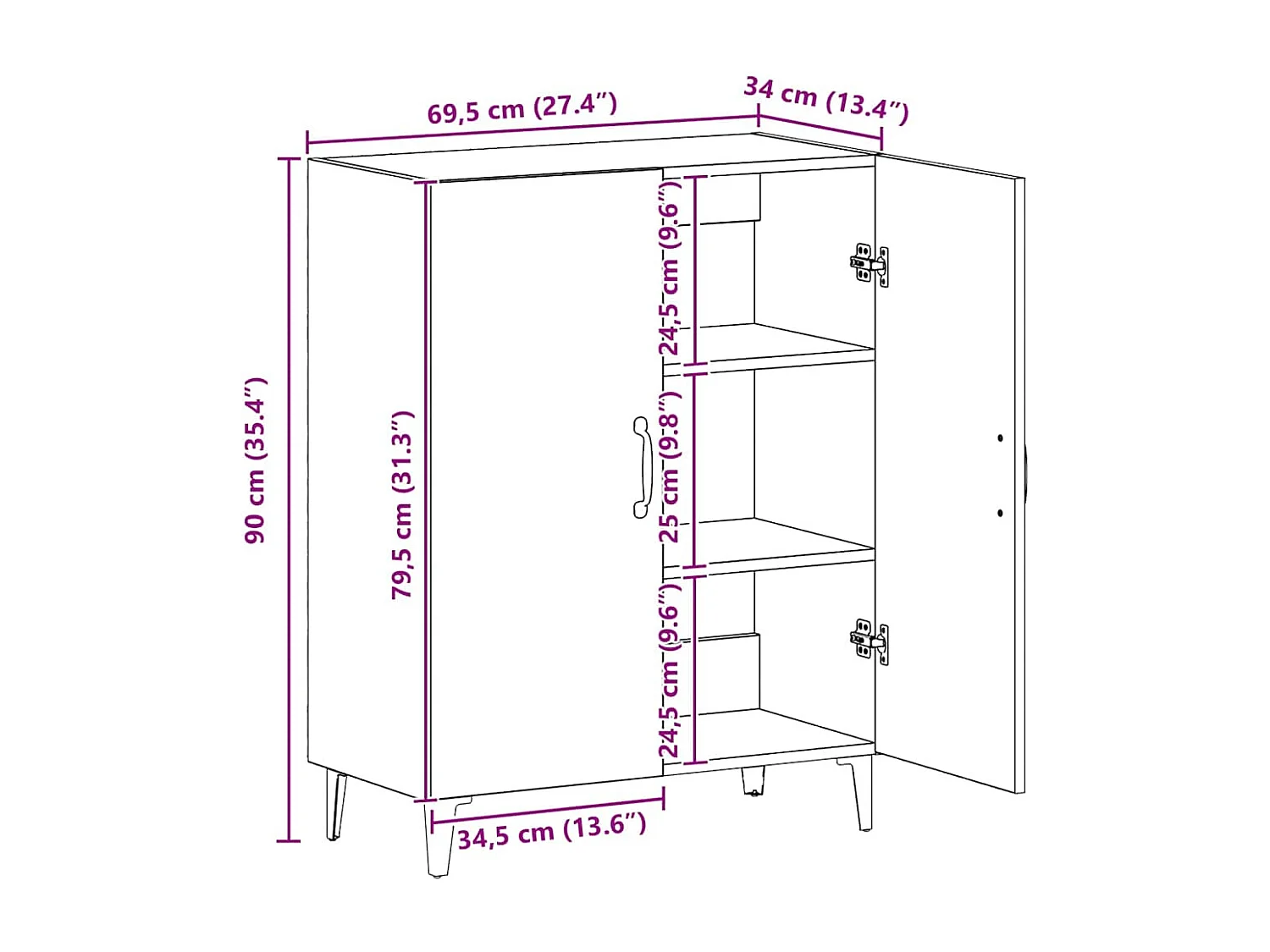Buffet chêne artisanal 70x34x90 cm bois d'ingénierie
