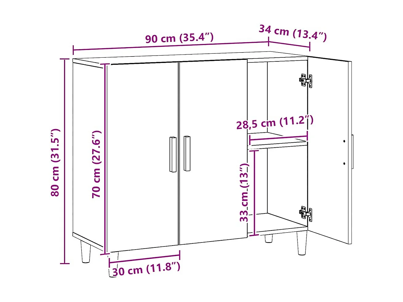Buffet chêne artisanal 90x34x80 cm bois d'ingénierie