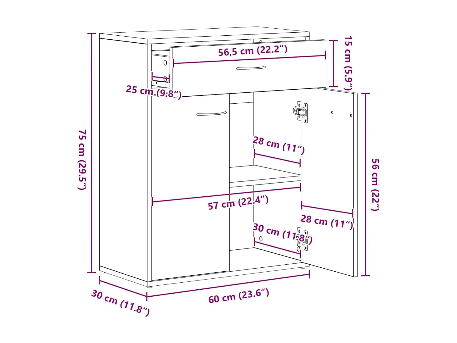 Buffet vieux bois 60x30x75 cm bois d'ingénierie