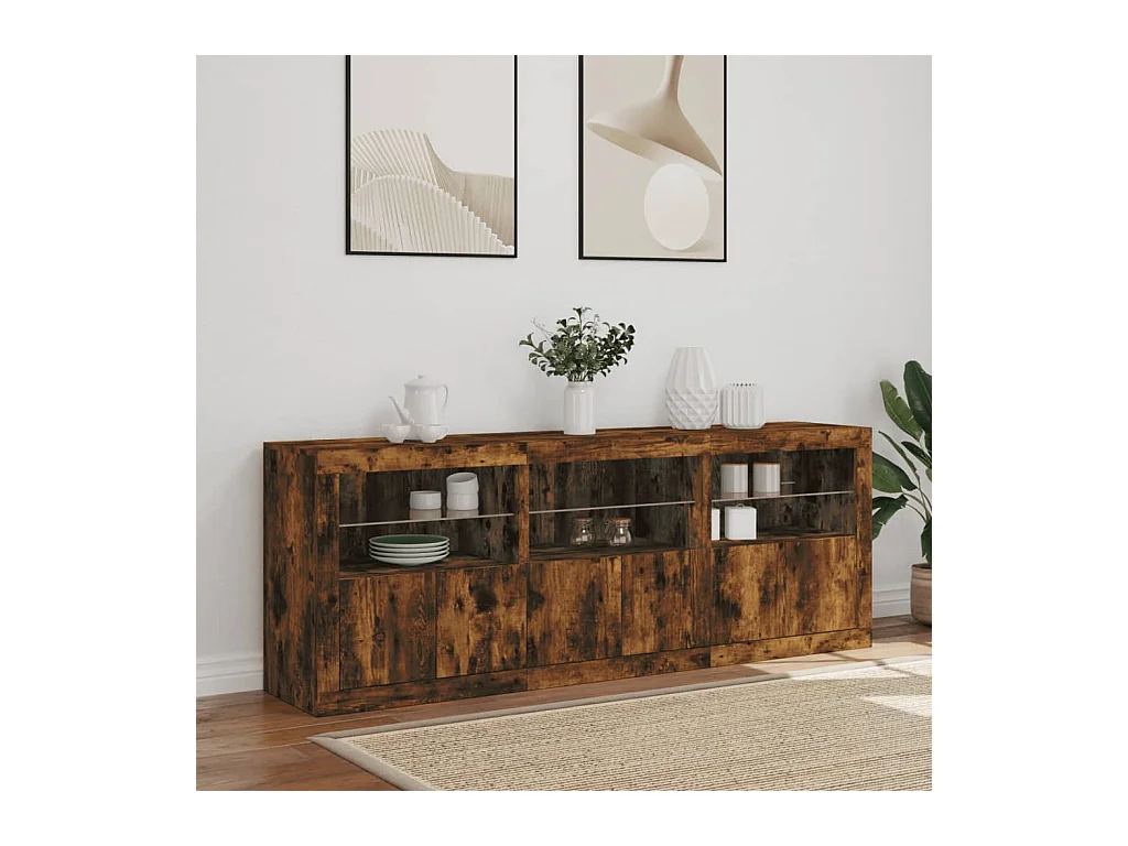 Buffet avec lumières LED chêne fumé 181,5x37x67 cm