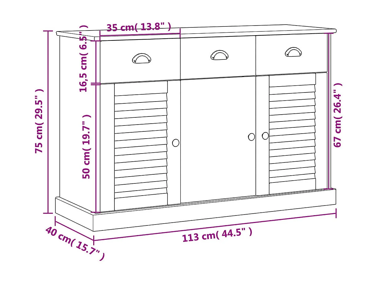 Aparador con cajones VIGO madera maciza pino 113x40x75 cm