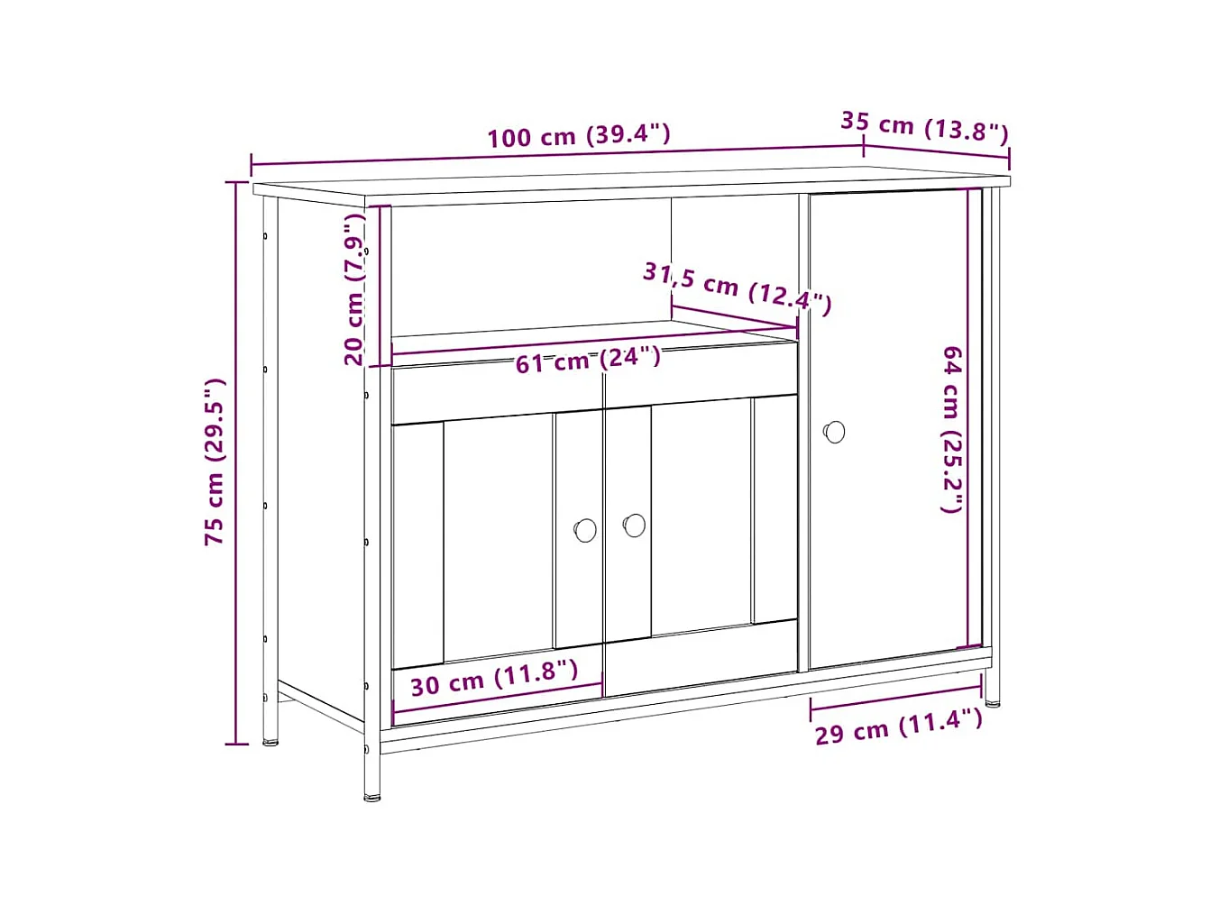 Buffet chêne artisanal 100 x 35 x 75 cm Bois d'ingénierie