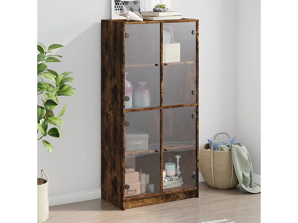 Buffet haut avec portes chêne fumé 68x37x142 cm bois ingénierie