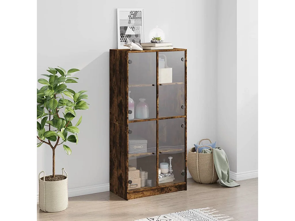 Buffet haut avec portes chêne fumé 68x37x142 cm bois ingénierie