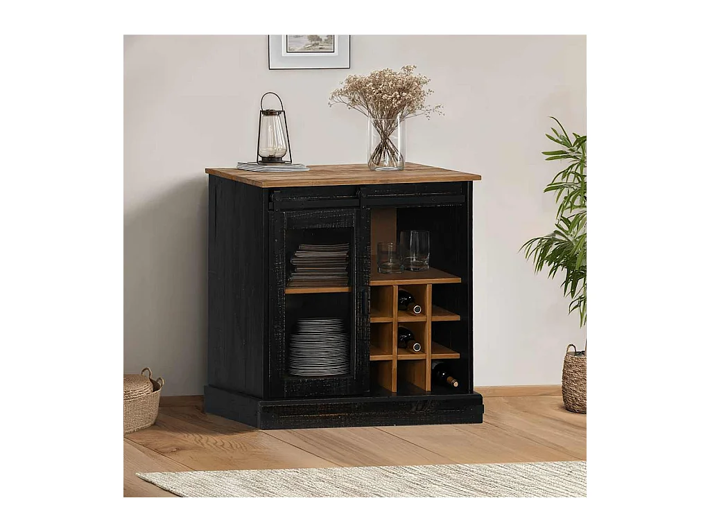 Buffet HALDEN porte coulissante noir 80x40x80 cm bois massif