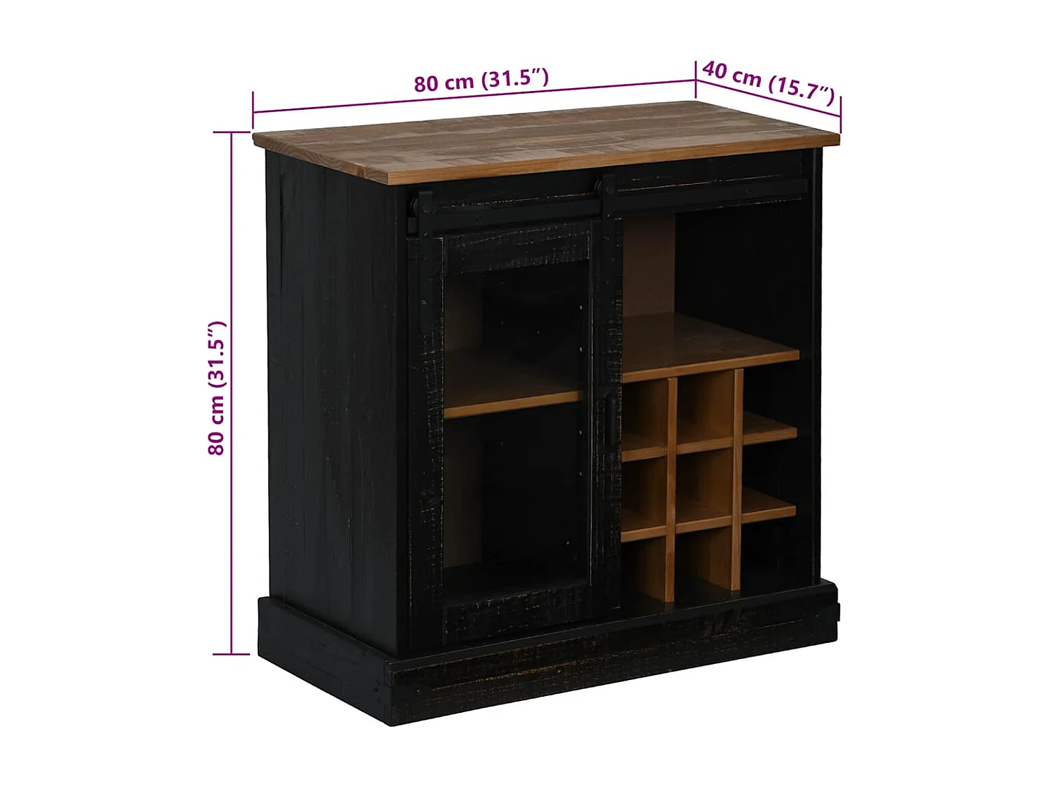 Buffet HALDEN porte coulissante noir 80x40x80 cm bois massif