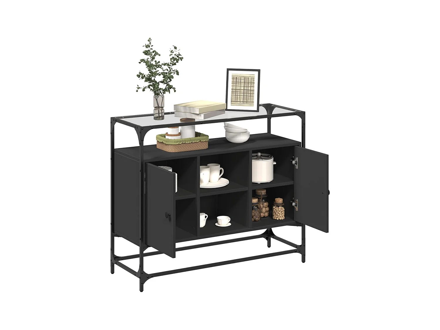 Buffet avec dessus en verre noir 98x35x81 cm bois d'ingénierie