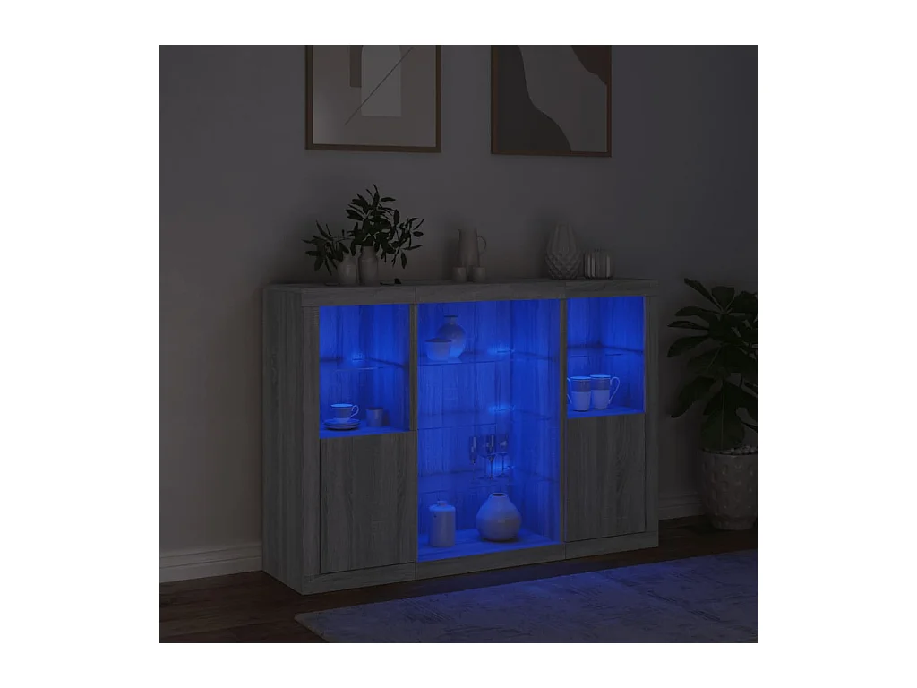 Buffets avec lumières LED 3 pièces sonoma gris bois d'ingénierie