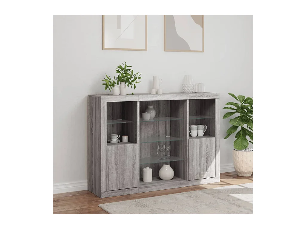 Buffets avec lumières LED 3 pièces sonoma gris bois d'ingénierie