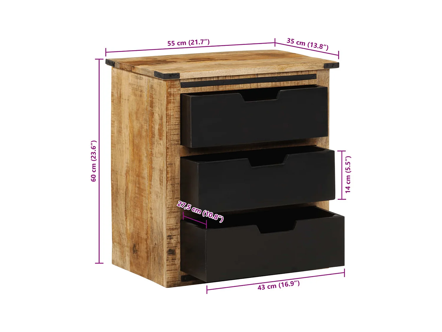Buffet avec 3 tiroirs 55x35x60 cm bois massif de manguier