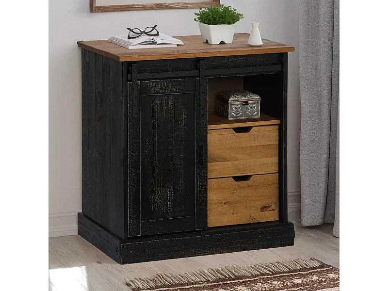 Buffet HALDEN porte coulissante noir 80x40x80 cm bois massif