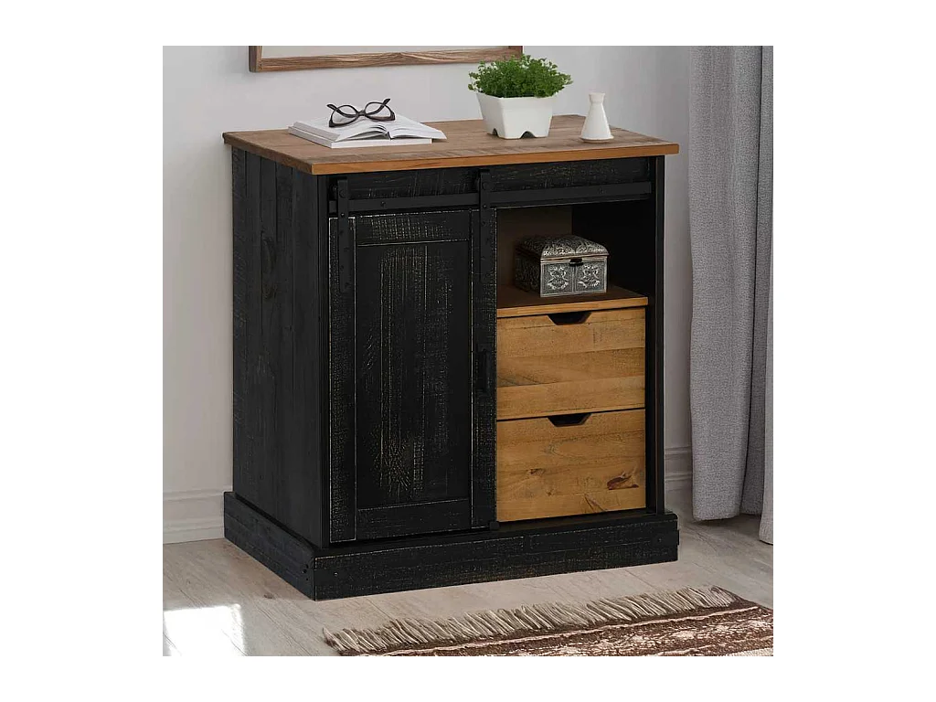 Buffet HALDEN porte coulissante noir 80x40x80 cm bois massif