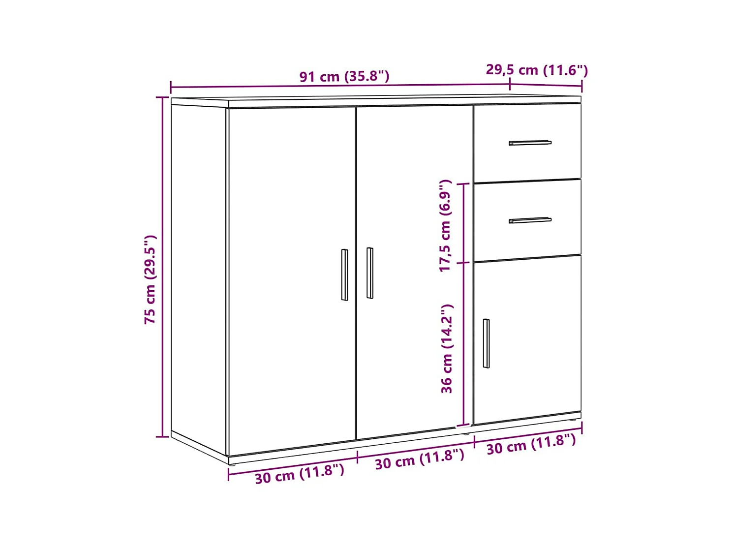 Buffet chêne artisanal 91x29,5x75 cm bois d'ingénierie
