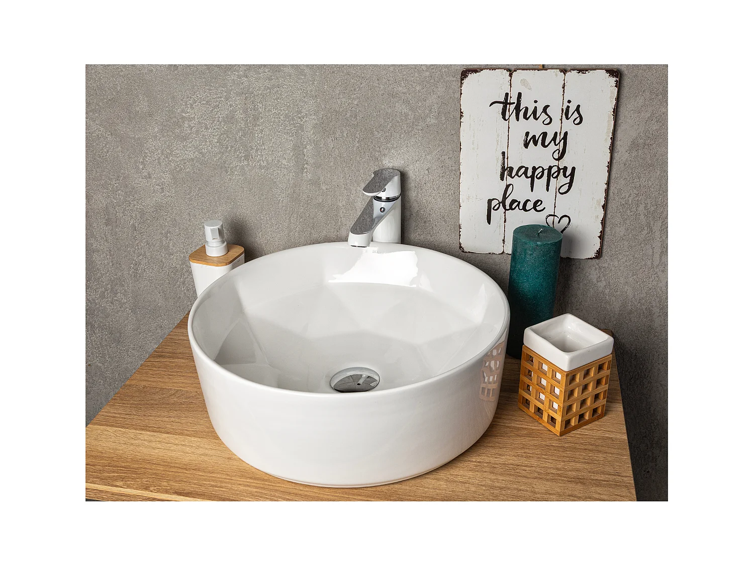 Vasque à poser ronde en céramique ELYNA design intérieur en forme de diamant Ø40 cm