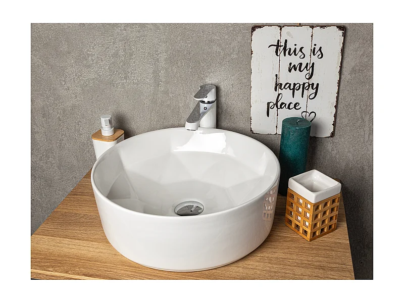 Vasque à poser ronde en céramique ELYNA design intérieur en forme de diamant Ø40 cm