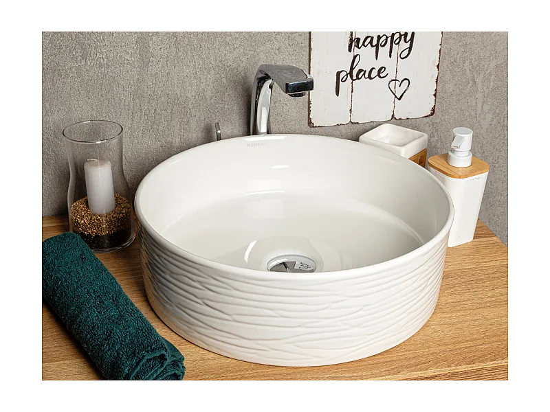 Vasque à poser ronde en céramique PRISMA extérieur rainuré Ø40 cm