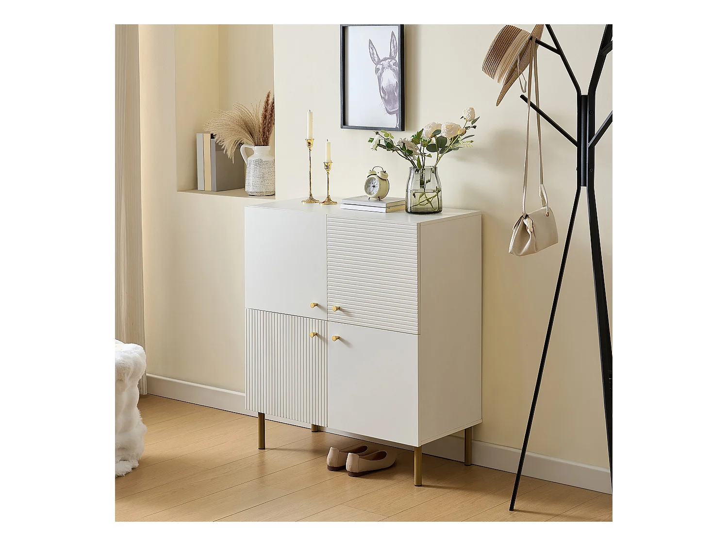 Meuble à chaussures 80x36x90cm - 4 portes - Pieds en métal - MDF - Blanc