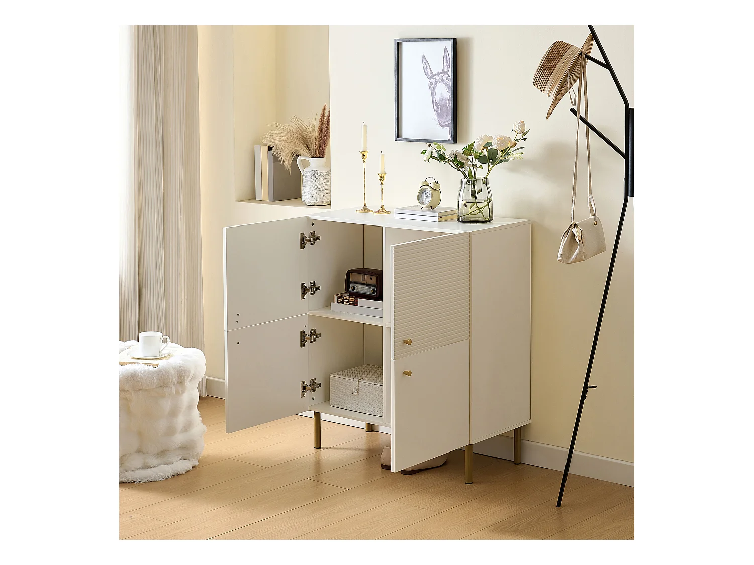 Meuble à chaussures 80x36x90cm - 4 portes - Pieds en métal - MDF - Blanc