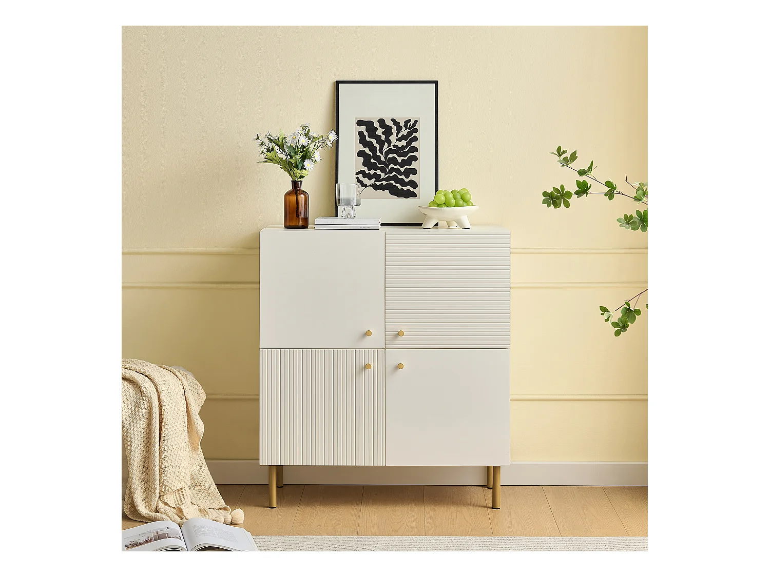 Meuble à chaussures 80x36x90cm - 4 portes - Pieds en métal - MDF - Blanc