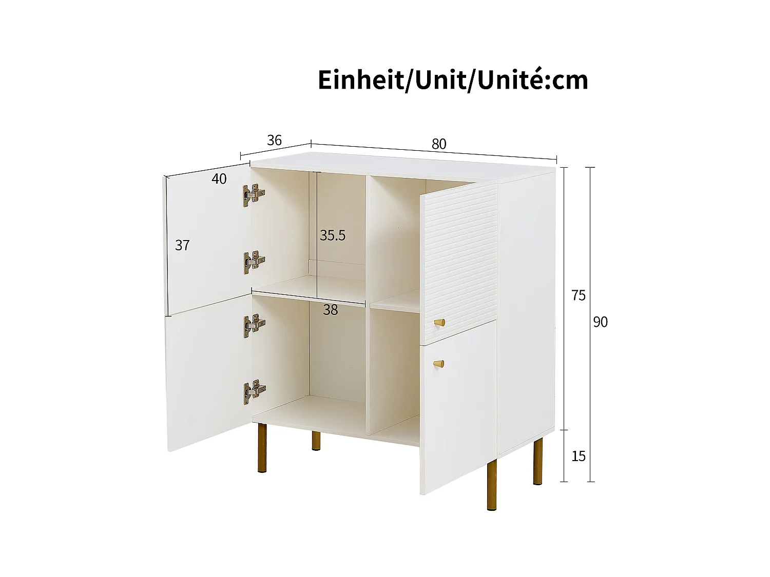 Meuble à chaussures 80x36x90cm - 4 portes - Pieds en métal - MDF - Blanc