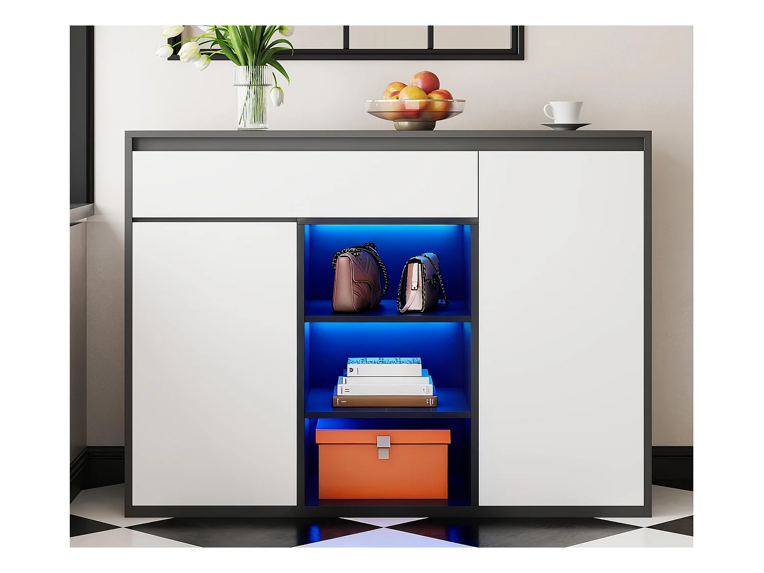 Meuble à chaussures 105x39.5x86 cm - 2 portes et 1 tiroir - Avec éclairage LED - Avec étagères réglables - Blanc + Noir