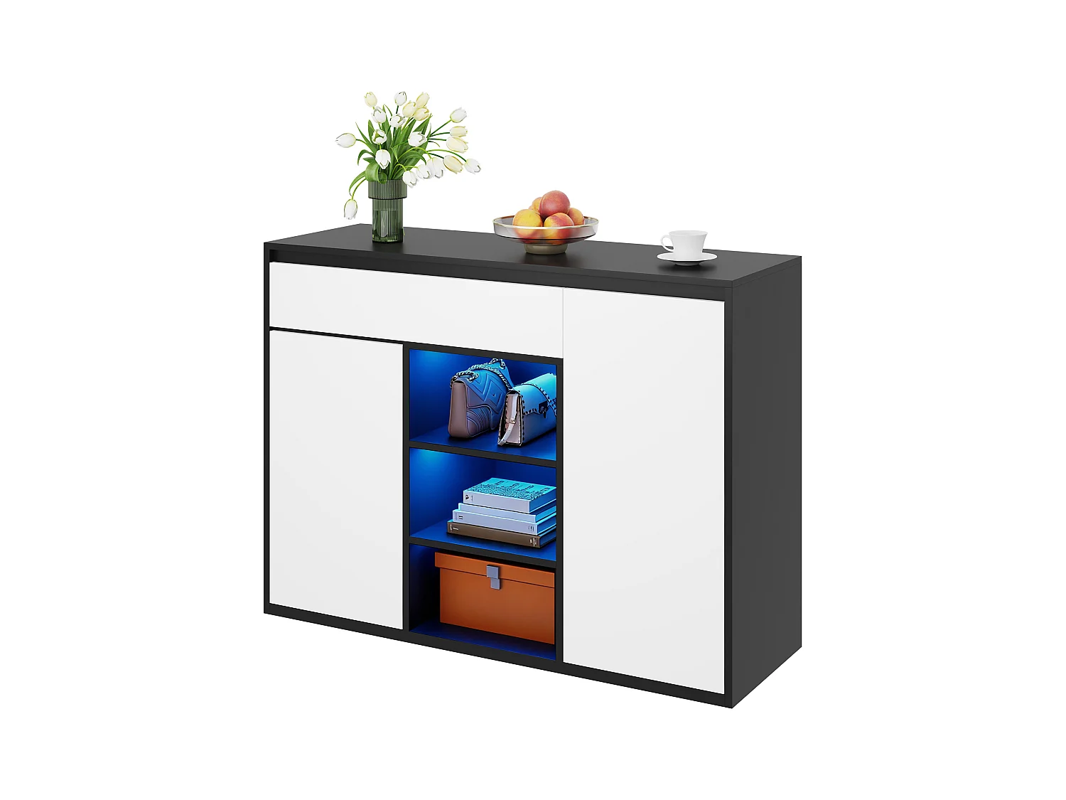 Meuble à chaussures 105x39.5x86 cm - 2 portes et 1 tiroir - Avec éclairage LED - Avec étagères réglables - Blanc + Noir