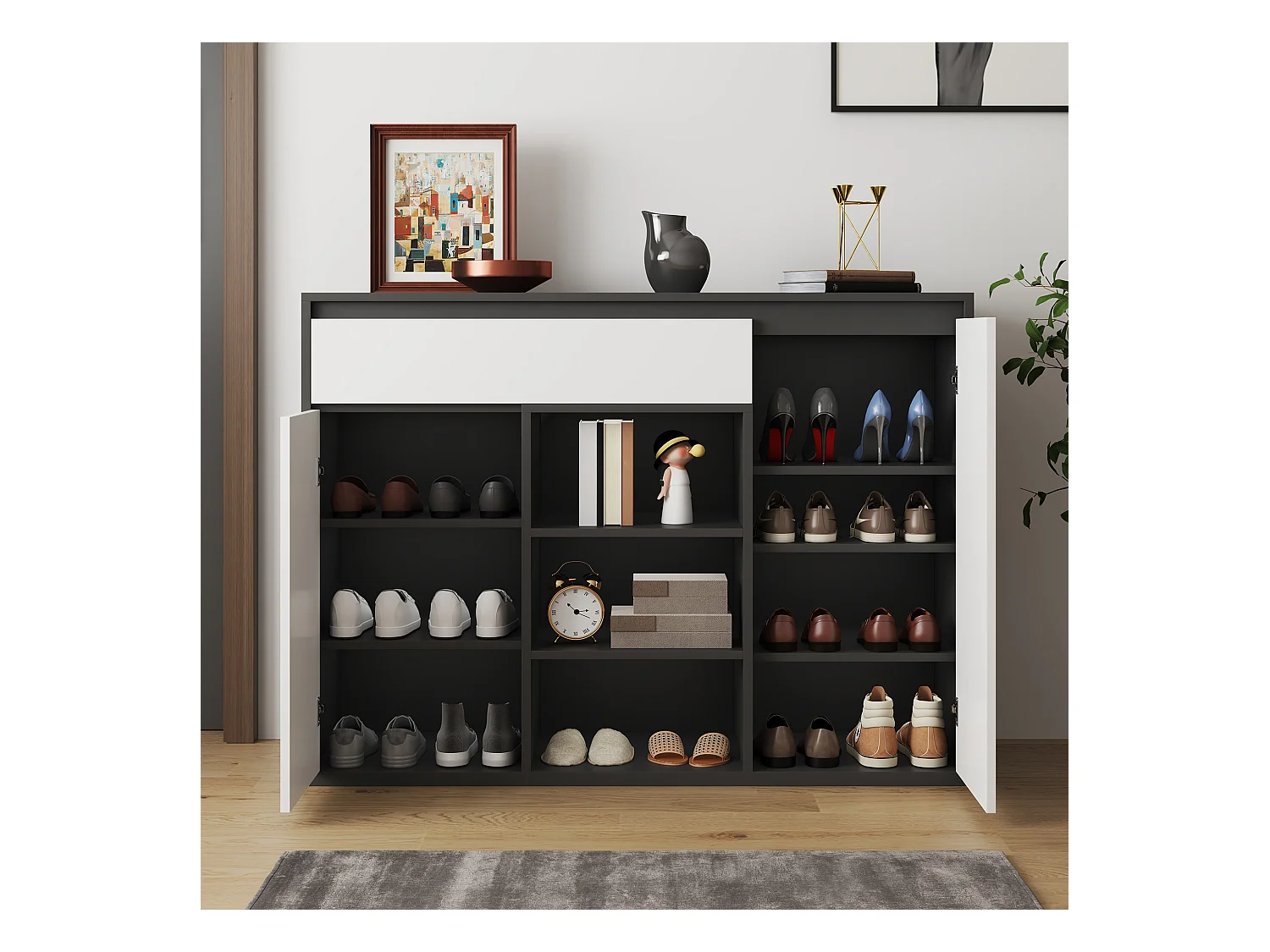 Meuble à chaussures 105x39.5x86 cm - 2 portes et 1 tiroir - Avec éclairage LED - Avec étagères réglables - Blanc + Noir