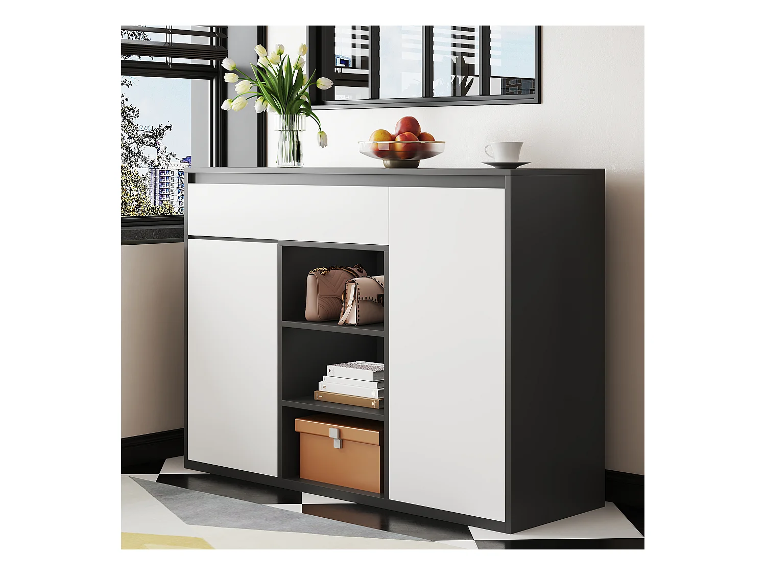 Meuble à chaussures 105x39.5x86 cm - 2 portes et 1 tiroir - Avec éclairage LED - Avec étagères réglables - Blanc + Noir